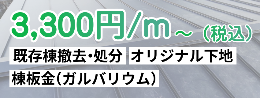 棟板金交換費用3300円/m～（既存棟撤去、処分、オリジナル下地、棟板金）